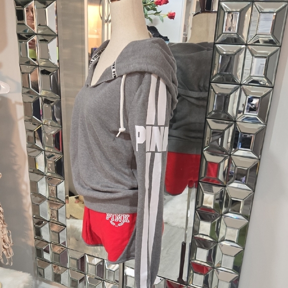 PINK Victoria's Secret Gray Hoodie Sweatshirt And Matching Shorts - Picture 2 of 9